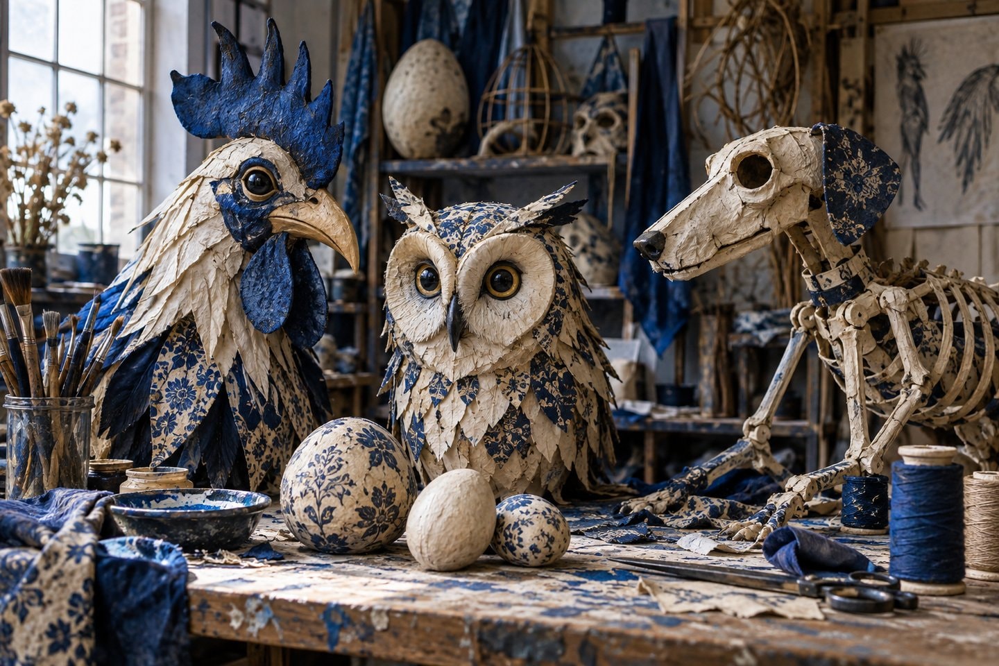 Papier-mache animal and creature puppets on a paint-marked worktable
