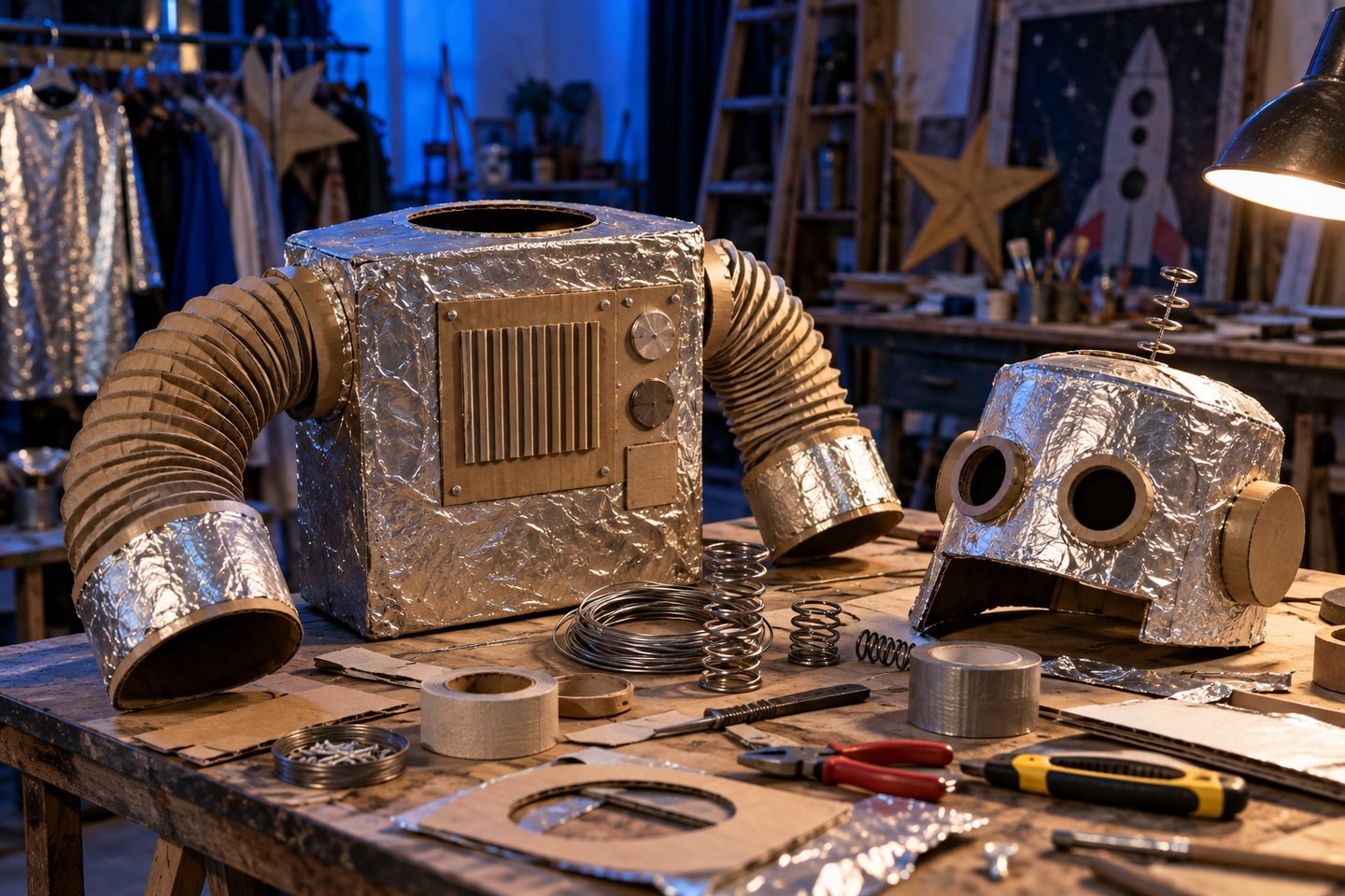 Handmade cardboard and tinfoil robot costume pieces on a theater workbench